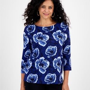 Women's Floral Print 3/4-Sleeve Boat-Neck Top